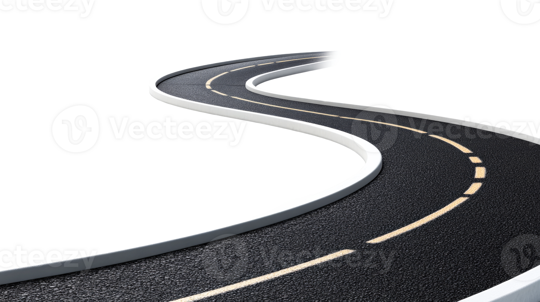 Curving asphalt road with white guardrails, cut out transparent png