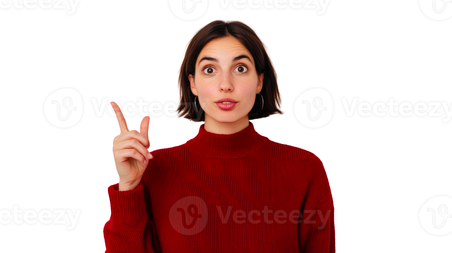 Woman looking surprised, pointing up with her finger, cut out transparent png