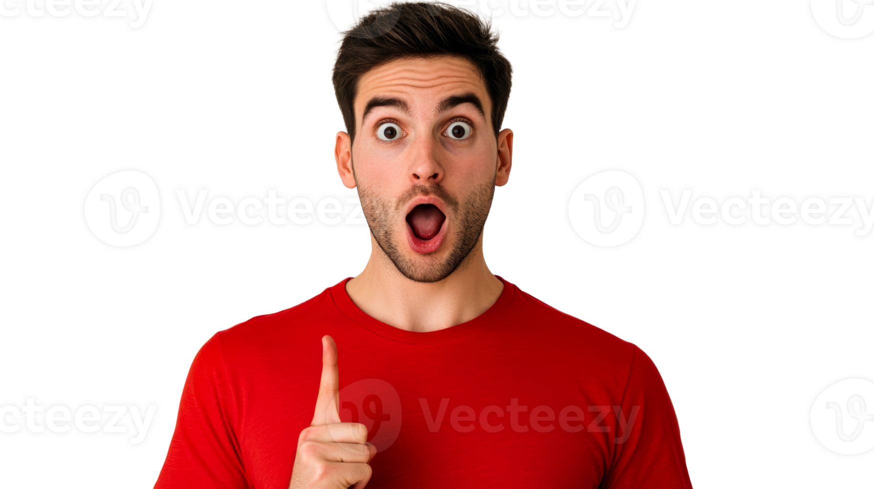 Man looking surprised, pointing finger up, with open mouth, cut out transparent png