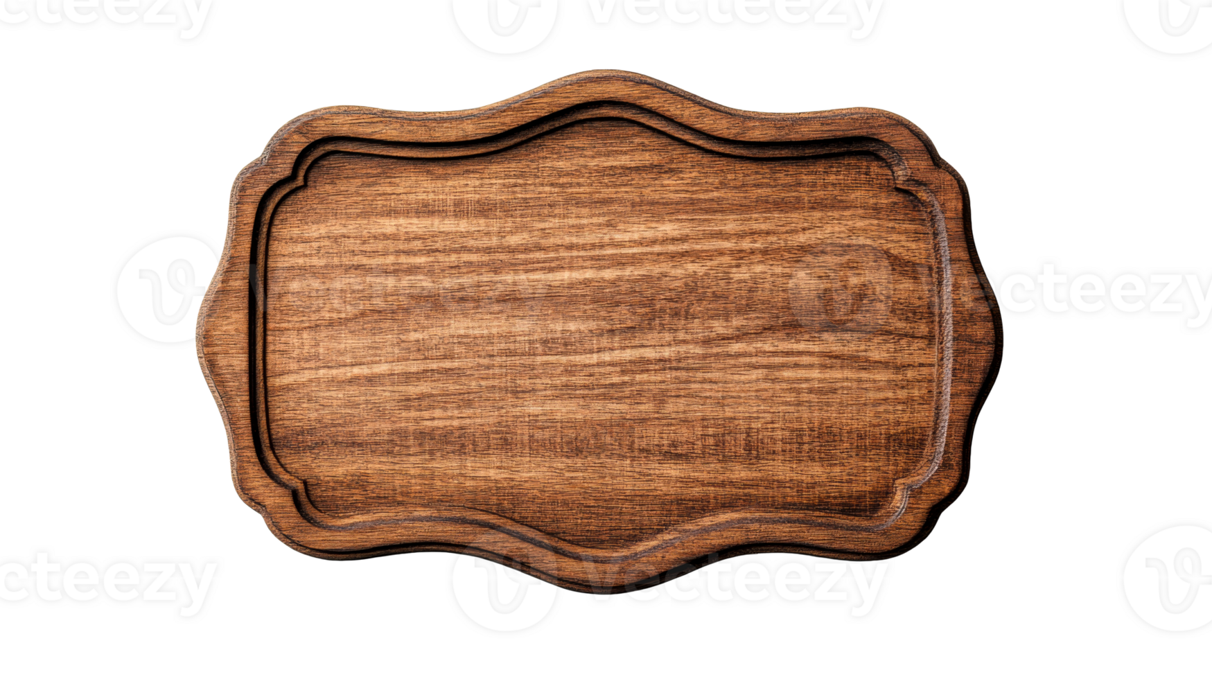 Wooden cutting board with patterned edges, top view, cut out transparent png