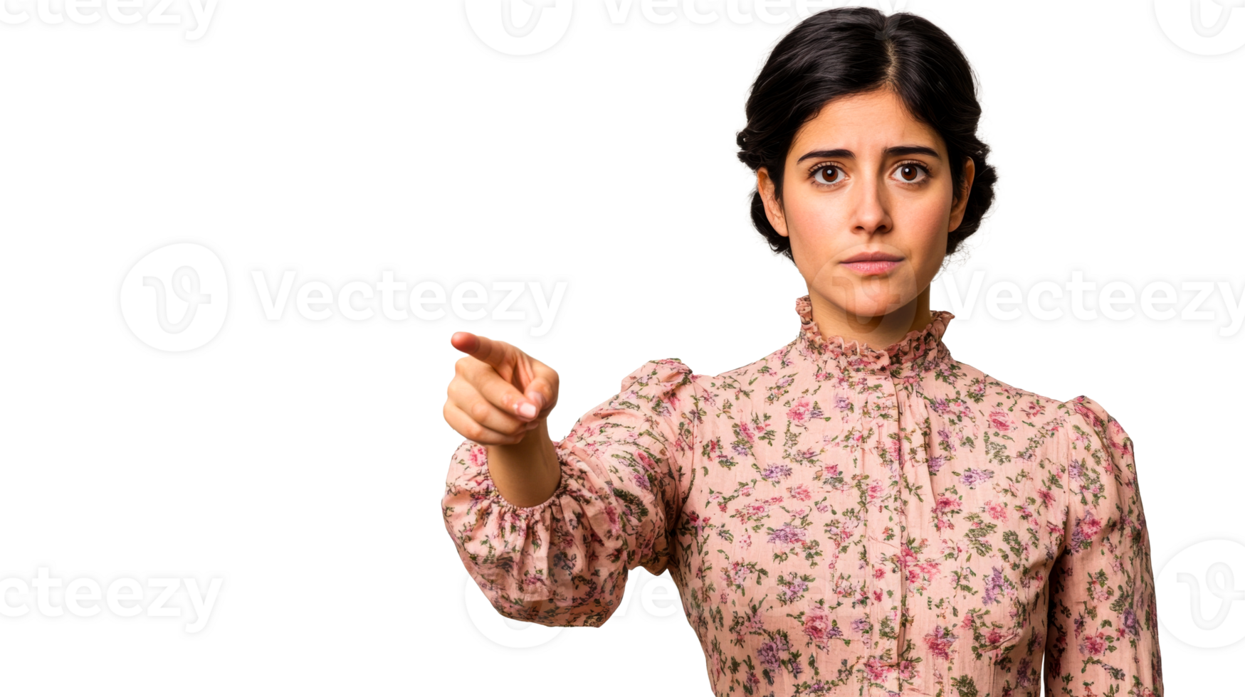 Woman pointing finger with floral dress, isolated, cut out transparent png