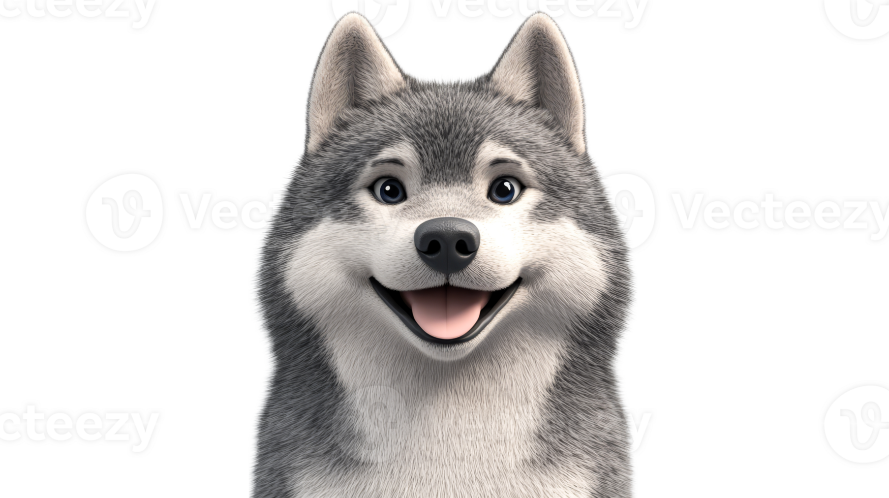 Happy cartoon husky dog with smile looking at camera, cut out transparent png