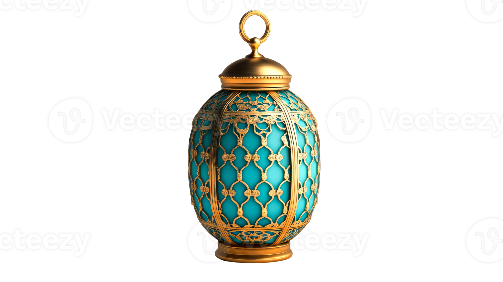 Antique teal lamp with a gold lattice and handle, cut out transparent png