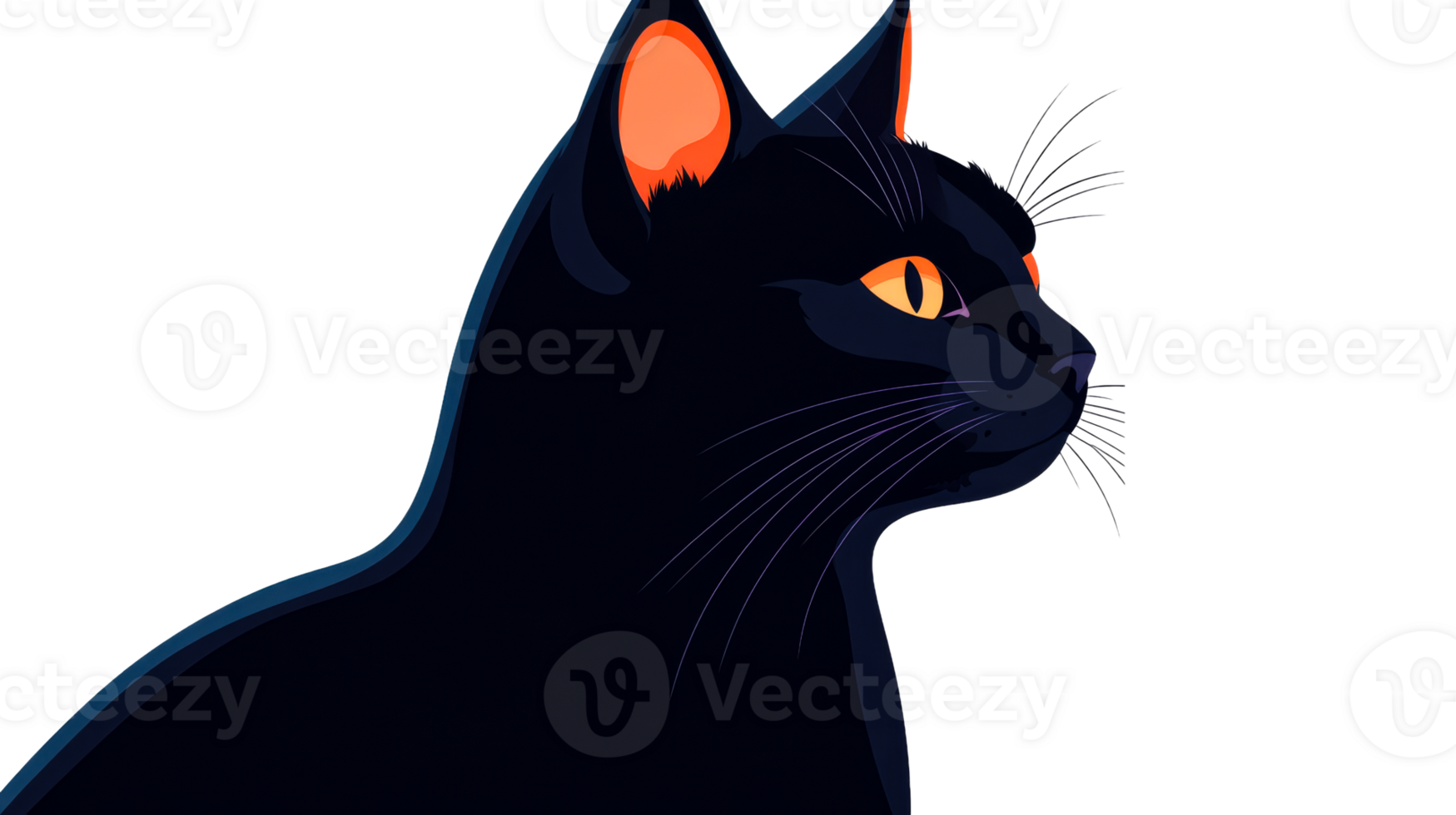Sleek black cat illustration with glowing orange eyes, cut out transparent png