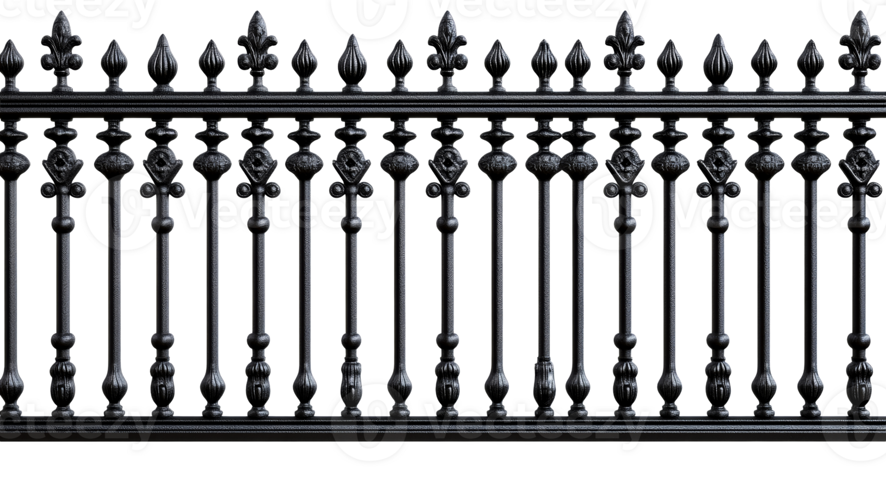 Intricate ironwork fence, black, ornate details, seamless railing, cut out transparent png