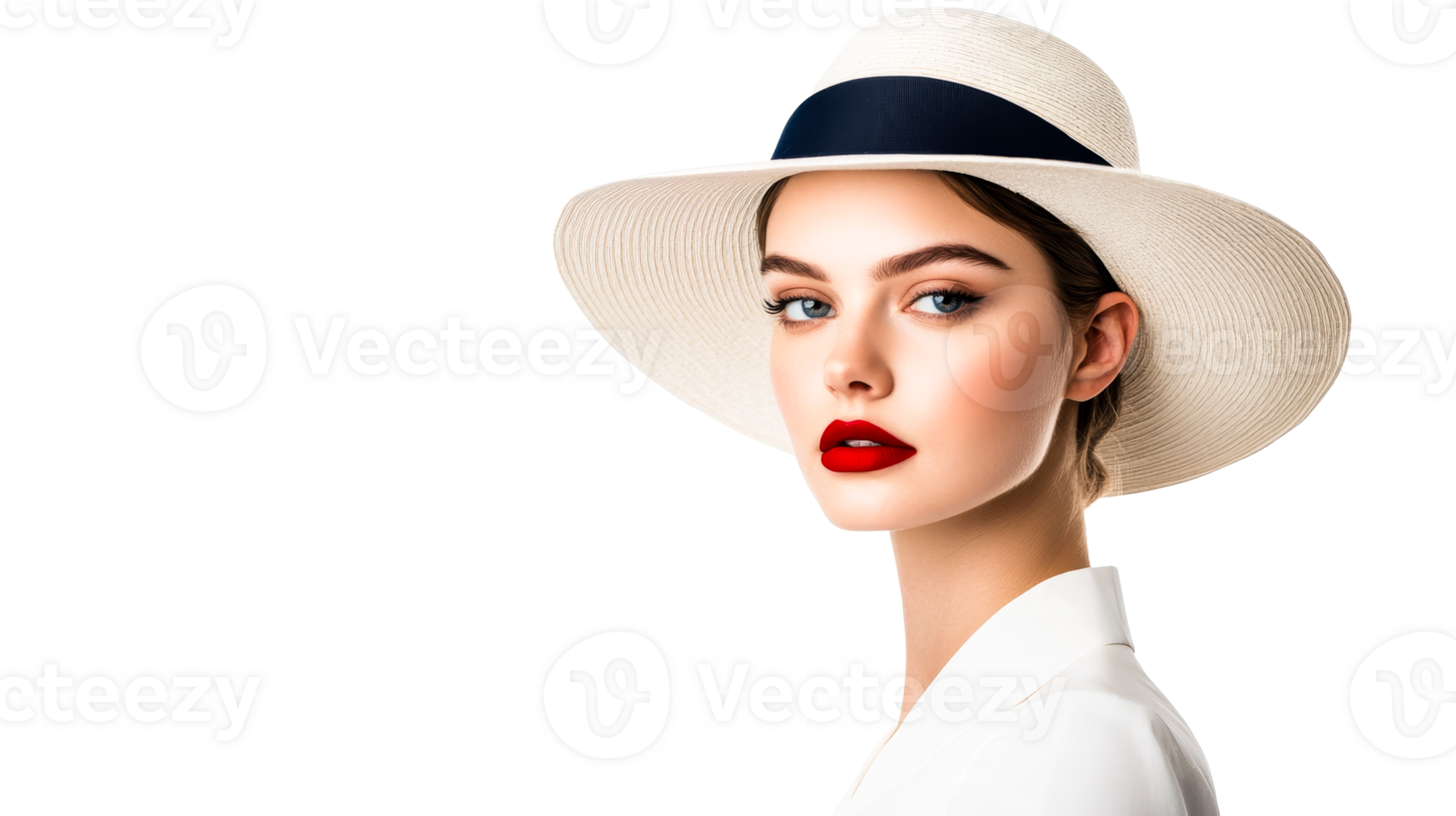 Portrait of a woman in a white hat with bright red lips, cut out transparent png