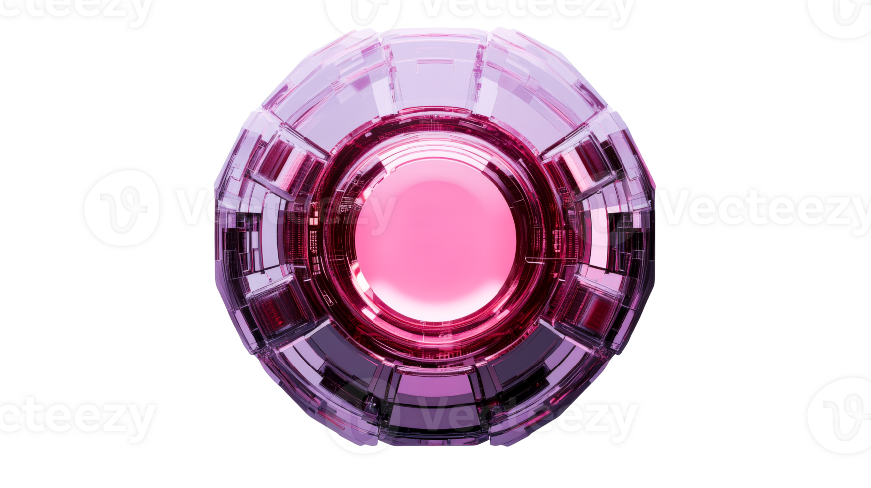 Pink futuristic sci-fi eye with glowing center, cut out transparent png