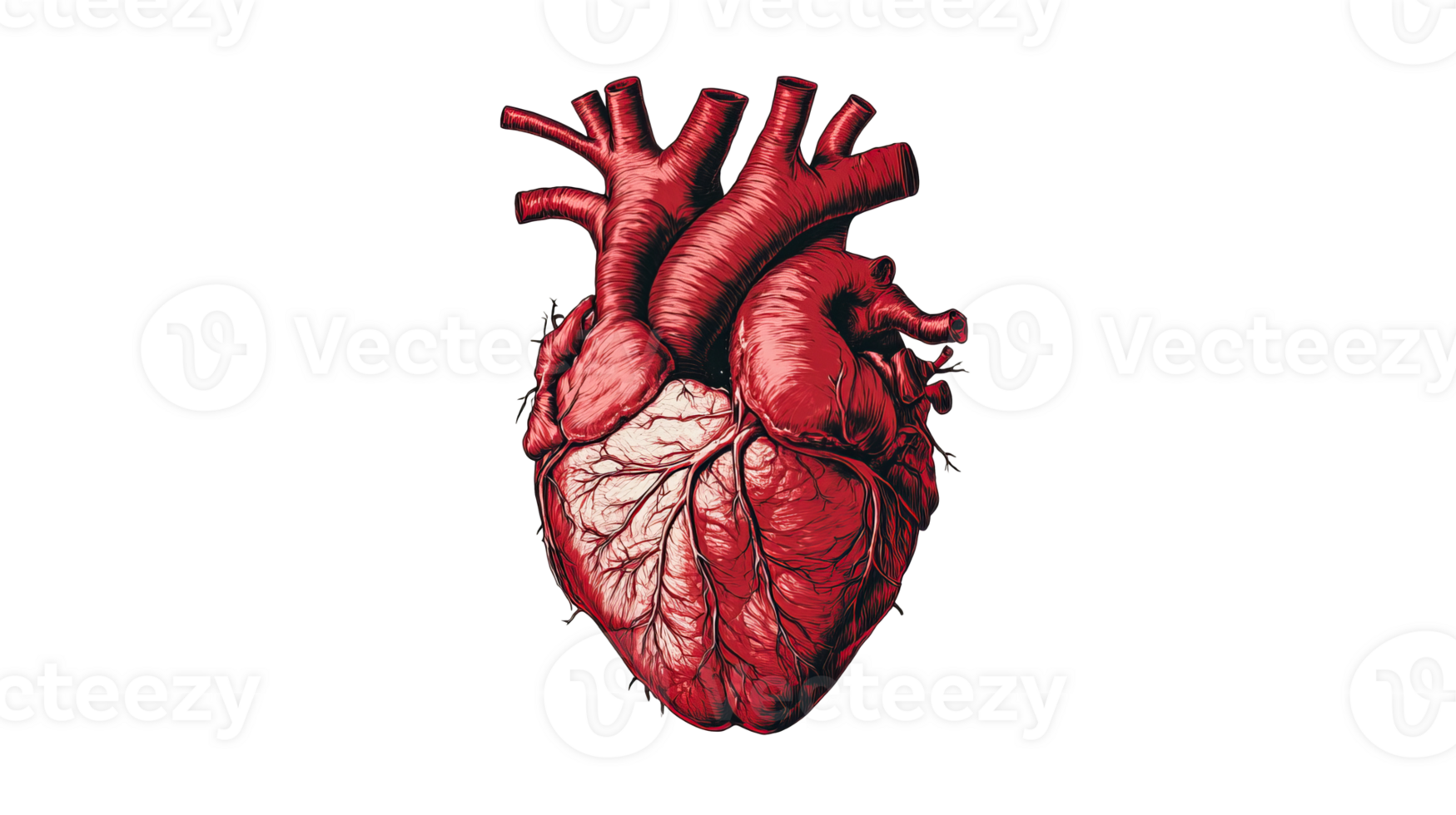 Anatomical Heart Illustration, detailed vasculature, artistic portrayal, cut out transparent png