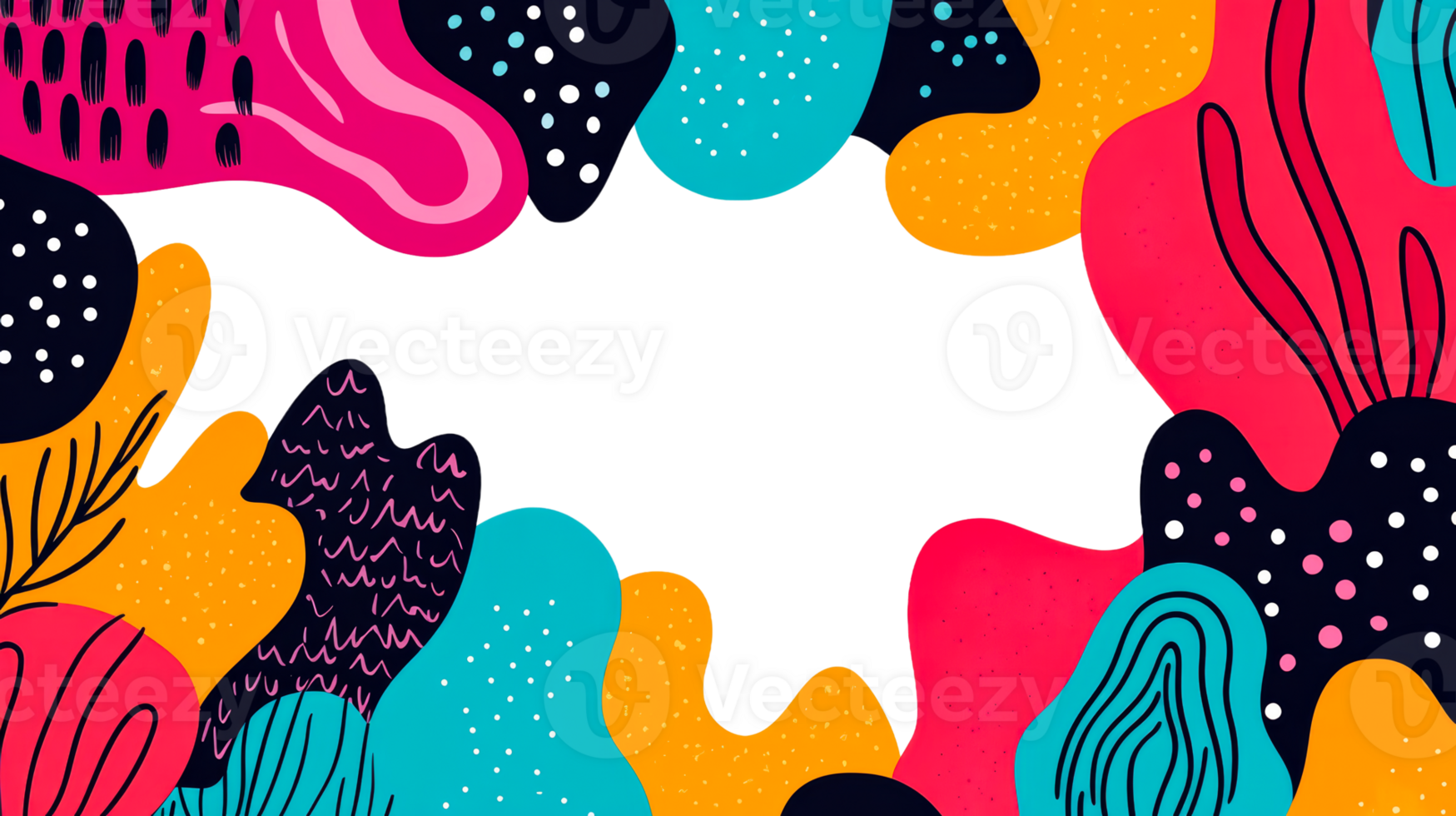 Vibrant abstract shapes on dark background frame, cut out transparent png