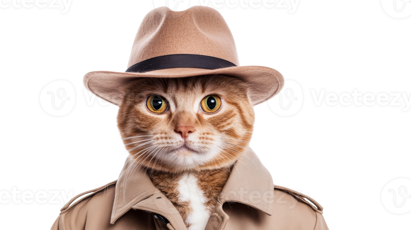 Ginger cat detective in trench coat and hat, cut out transparent png