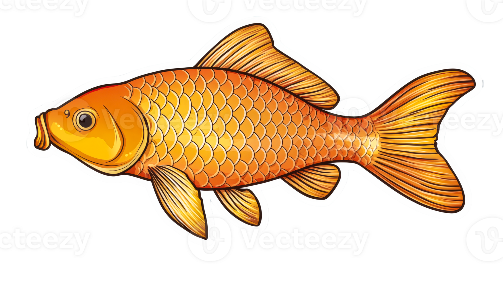 Vivid orange goldfish illustration with detailed fins and scales, cut out transparent png
