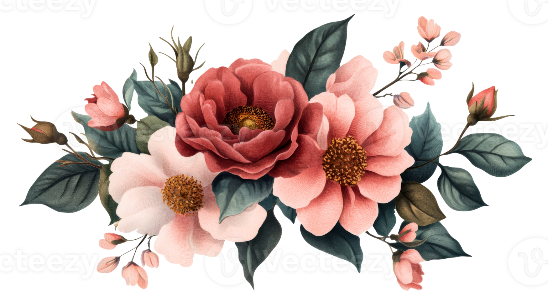 Vintage floral arrangement featuring red and pink flowers, cut out transparent png