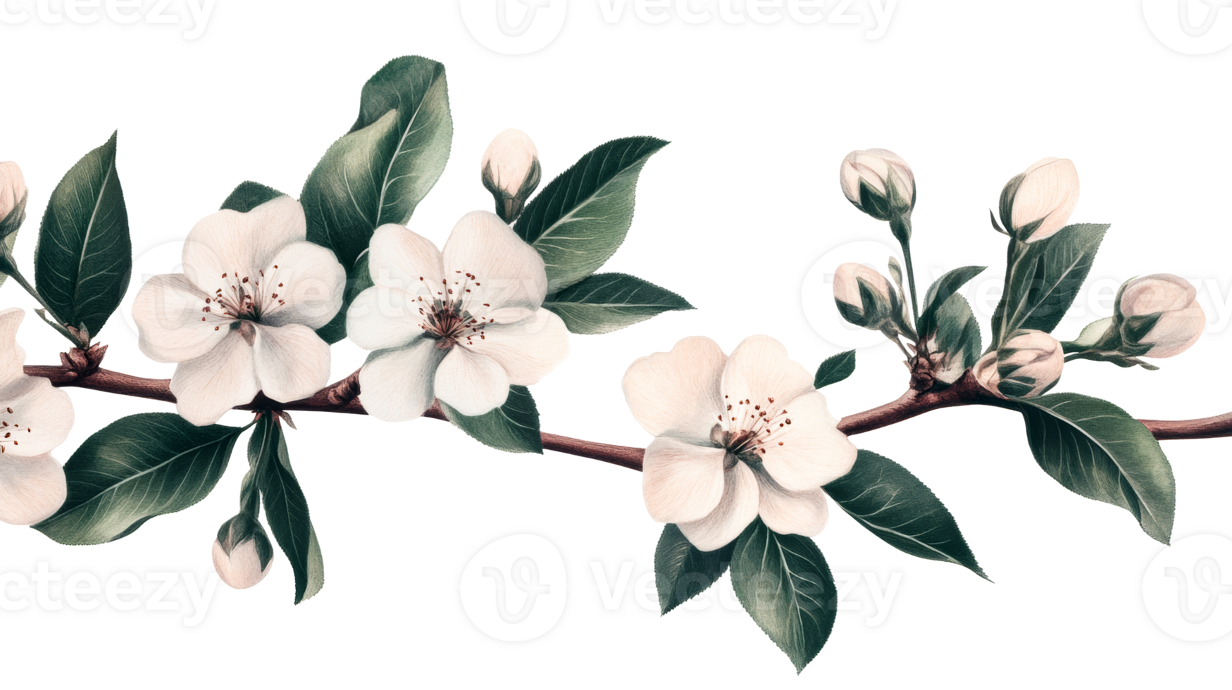 Blossoming Spring Branch with Flowers and Buds, cut out transparent png