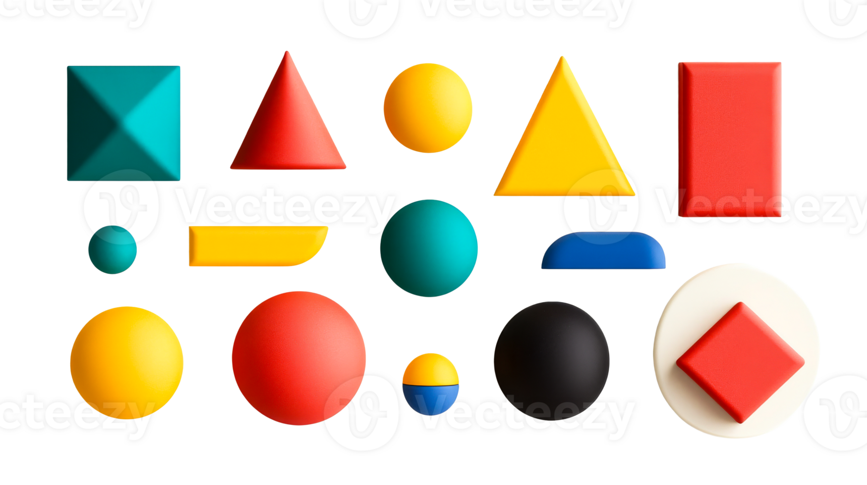 Colorful geometric shapes, 3D figures, arranged on black, cut out transparent png