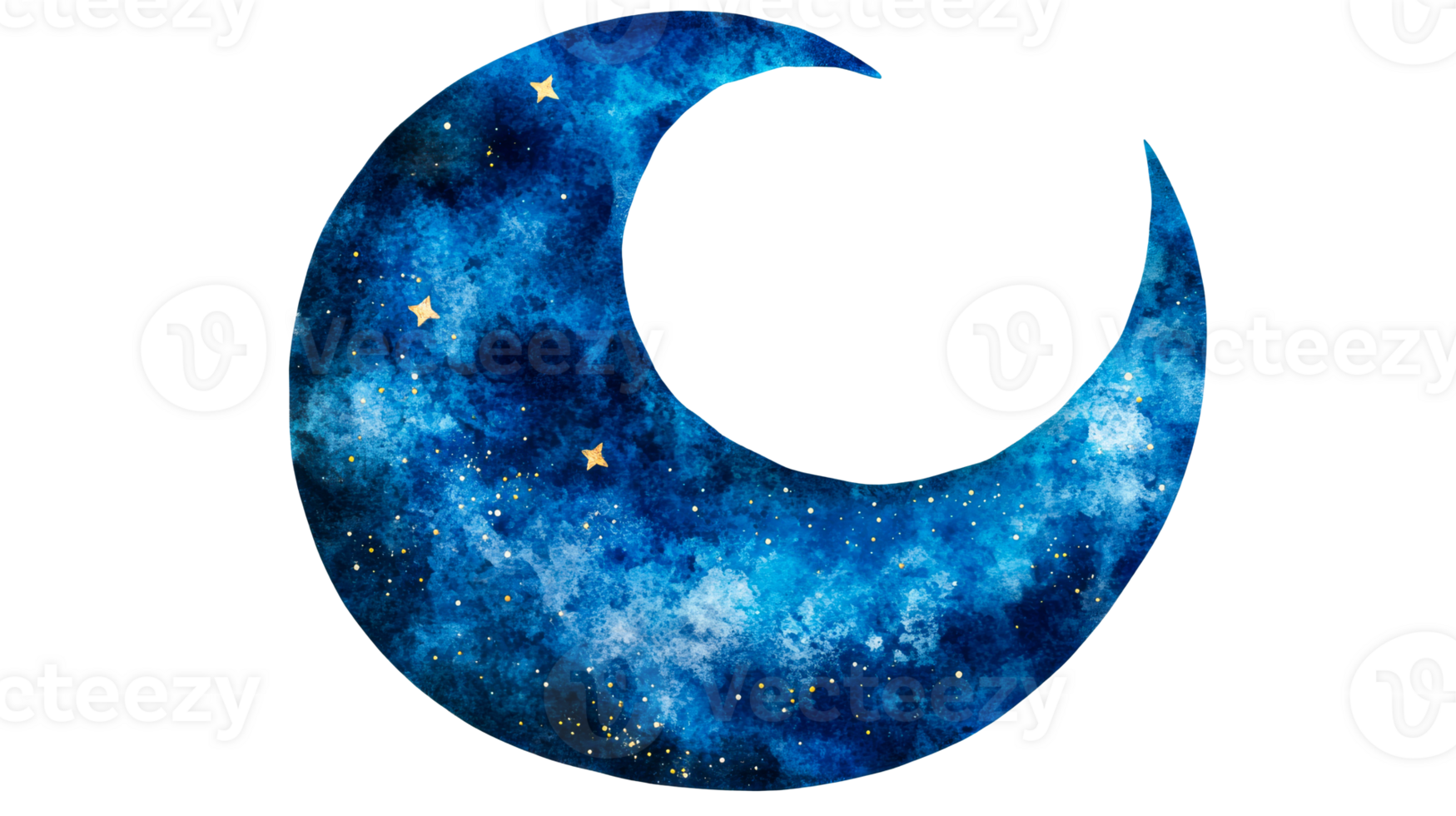 Watercolor celestial crescent moon adorned with stars, cut out transparent png