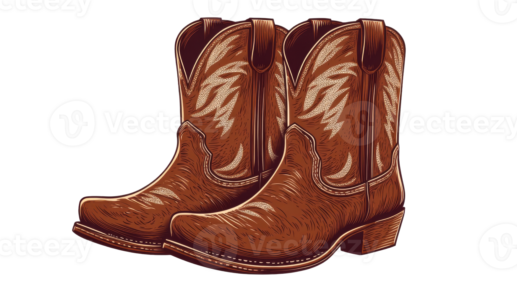 Cowboy boots artwork pair brown, intricate western style, cut out transparent png