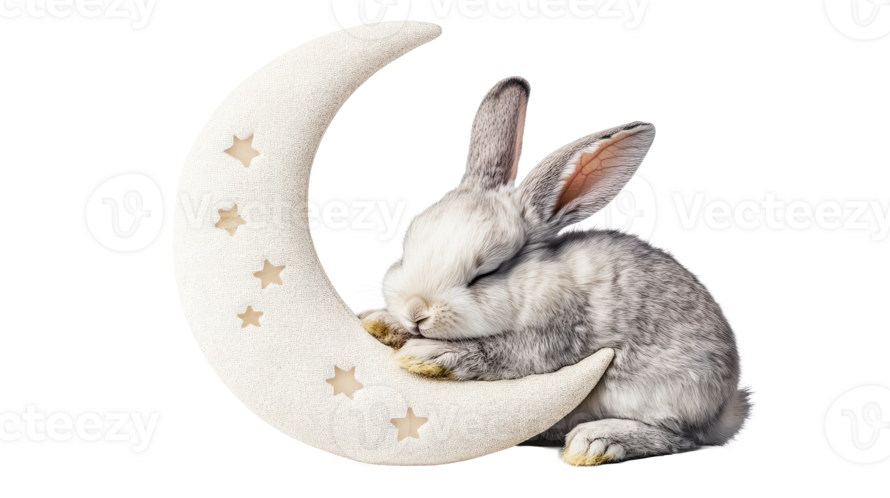Adorable bunny peacefully sleeping on a moon pillow, cut out transparent png