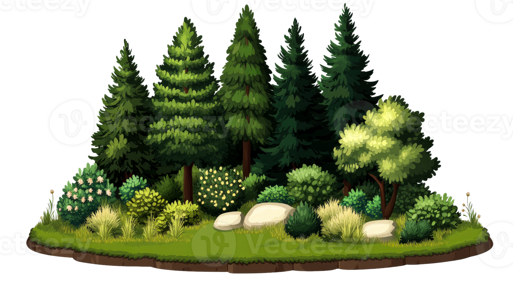 Forest vegetation with trees, shrubs, grass and rocks, cut out transparent png