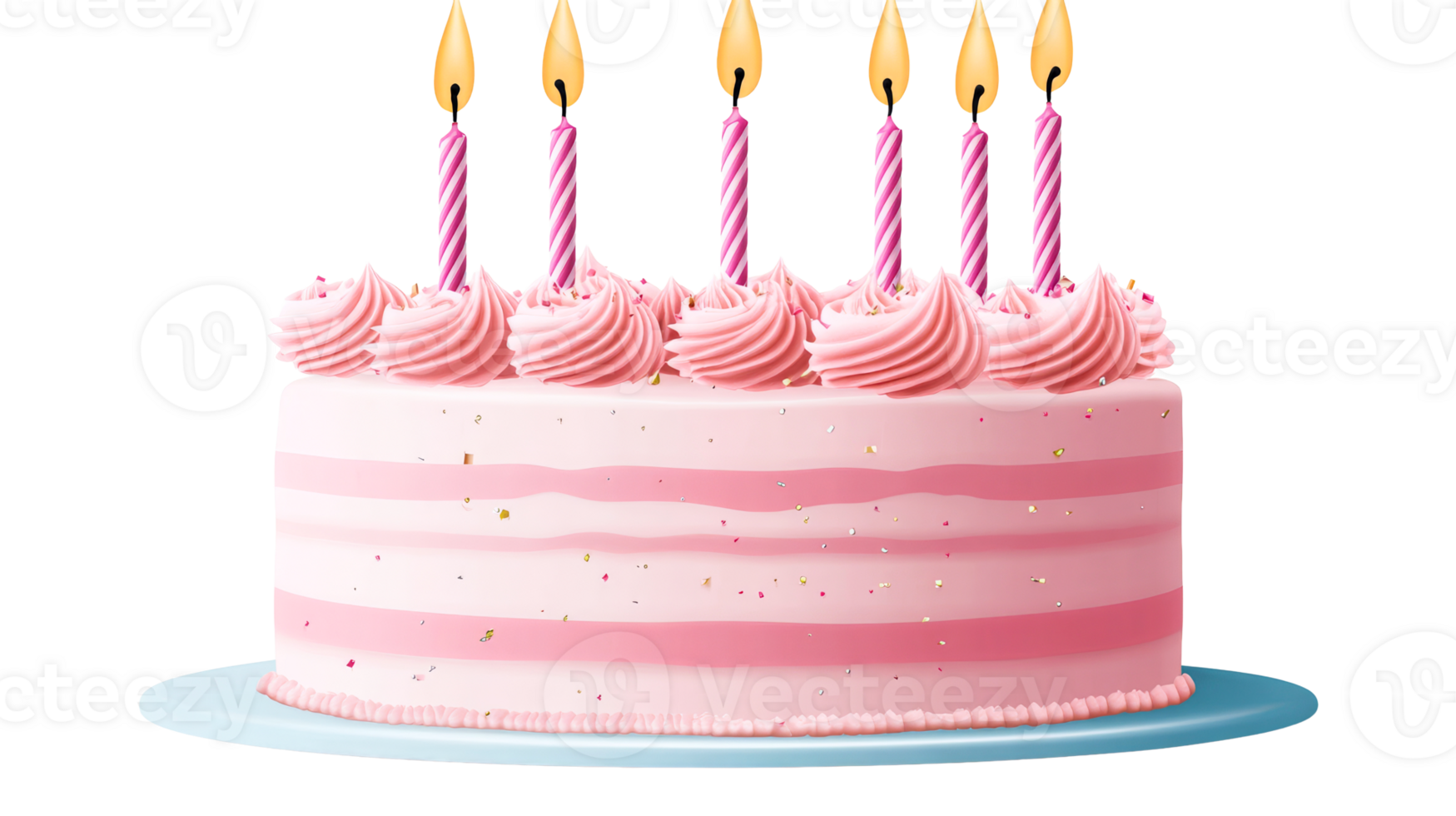 Pink layered cake with candles isolated on transparent background, cut out transparent png