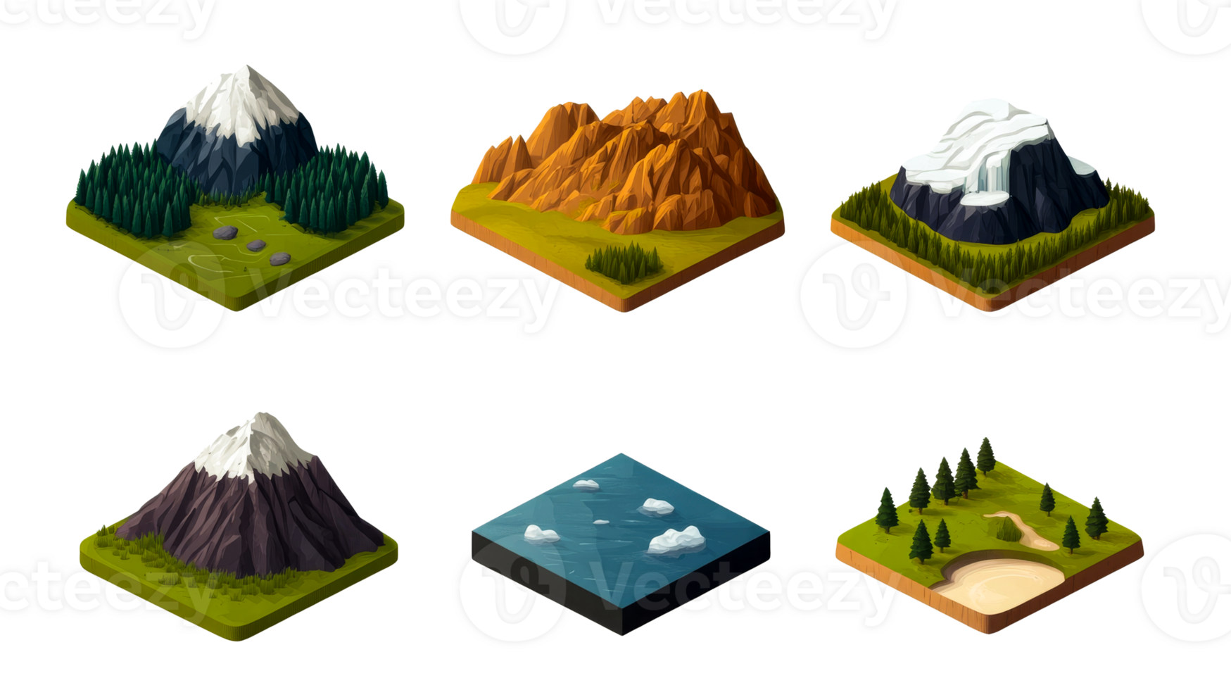 Isometric terrain models, landscape environment set, cartoon style, cut out transparent png