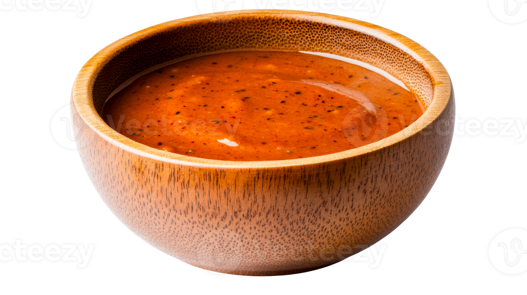 Sauce in wooden bowl, tasty food, spices in bowl, transparent background, cut out transparent png