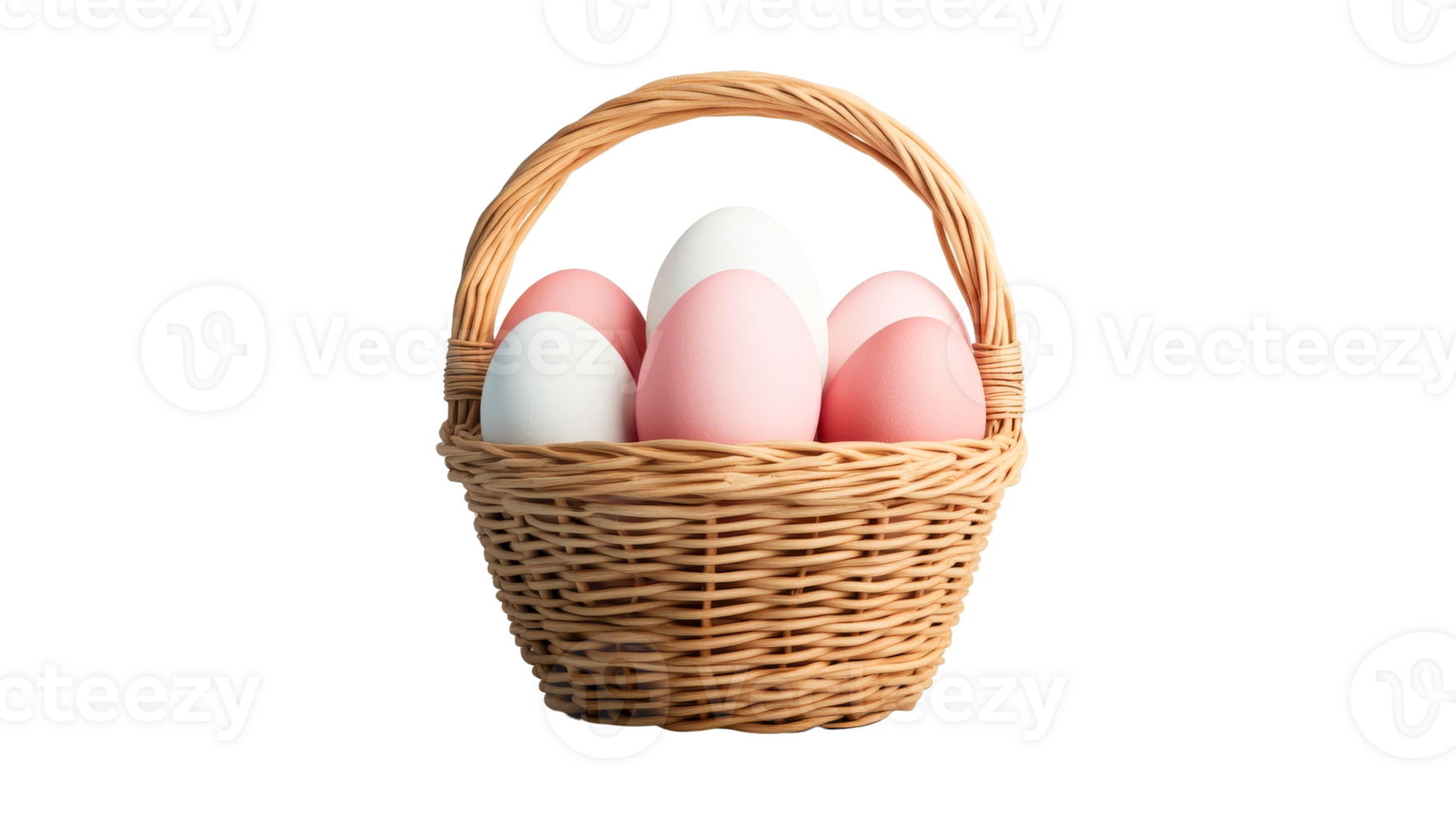Easter basket with white and pink eggs, wicker design, cut out transparent png
