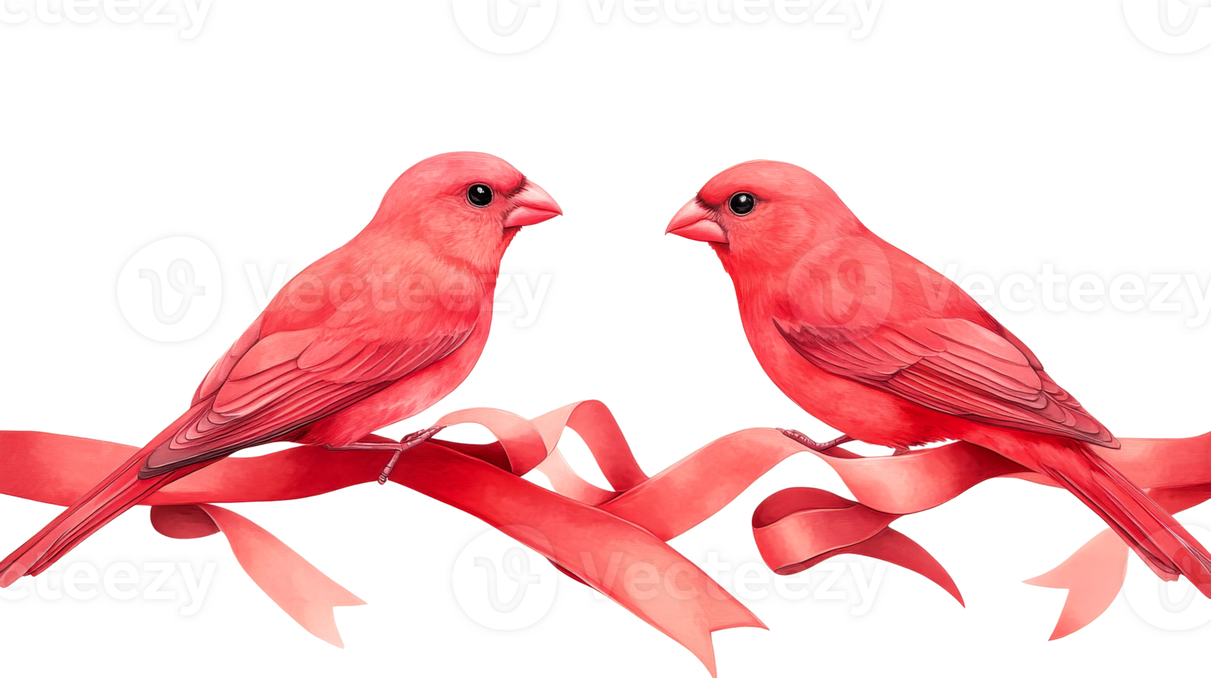 Pair of red cardinal birds perched on ribbon, facing each other, cut out transparent png