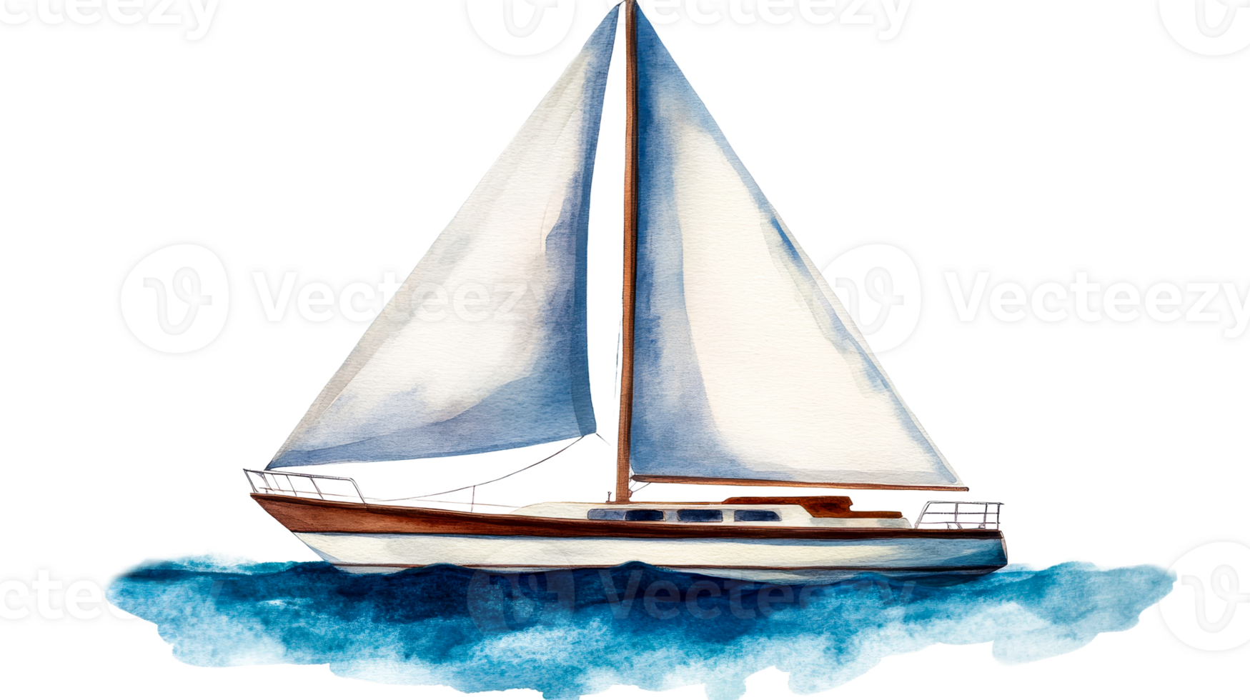 Watercolor sailboat gliding through blue ocean, cut out transparent png