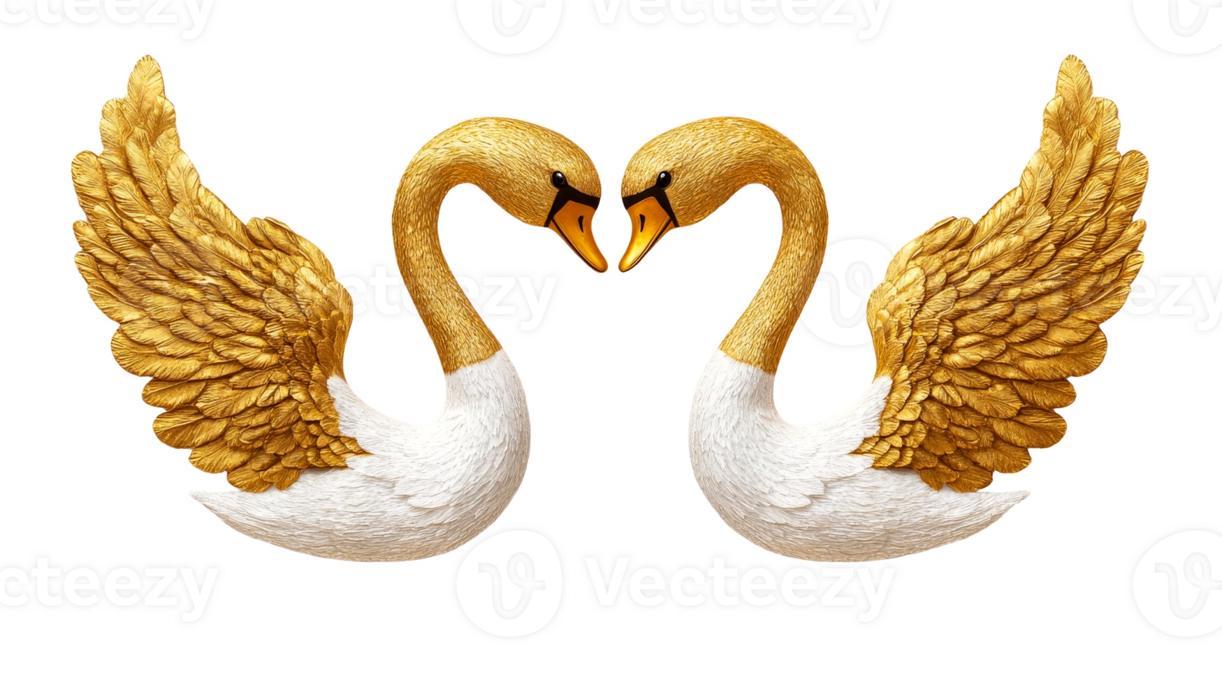 Two golden swans forming a heart shape, isolated, cut out transparent png