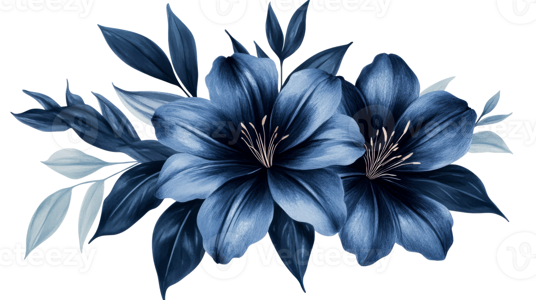 Watercolor floral arrangement of blue lilies, elegant, detailed, cut out transparent png