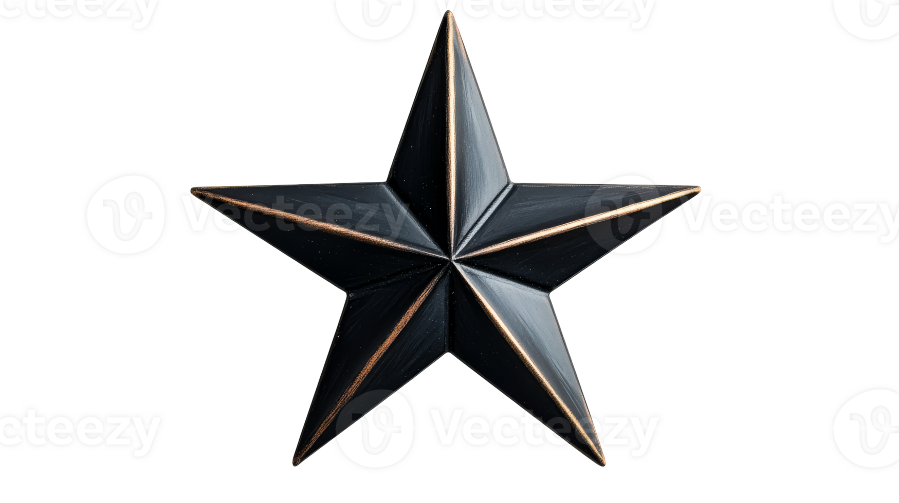 Metallic star with golden edge on a black background, cut out transparent png