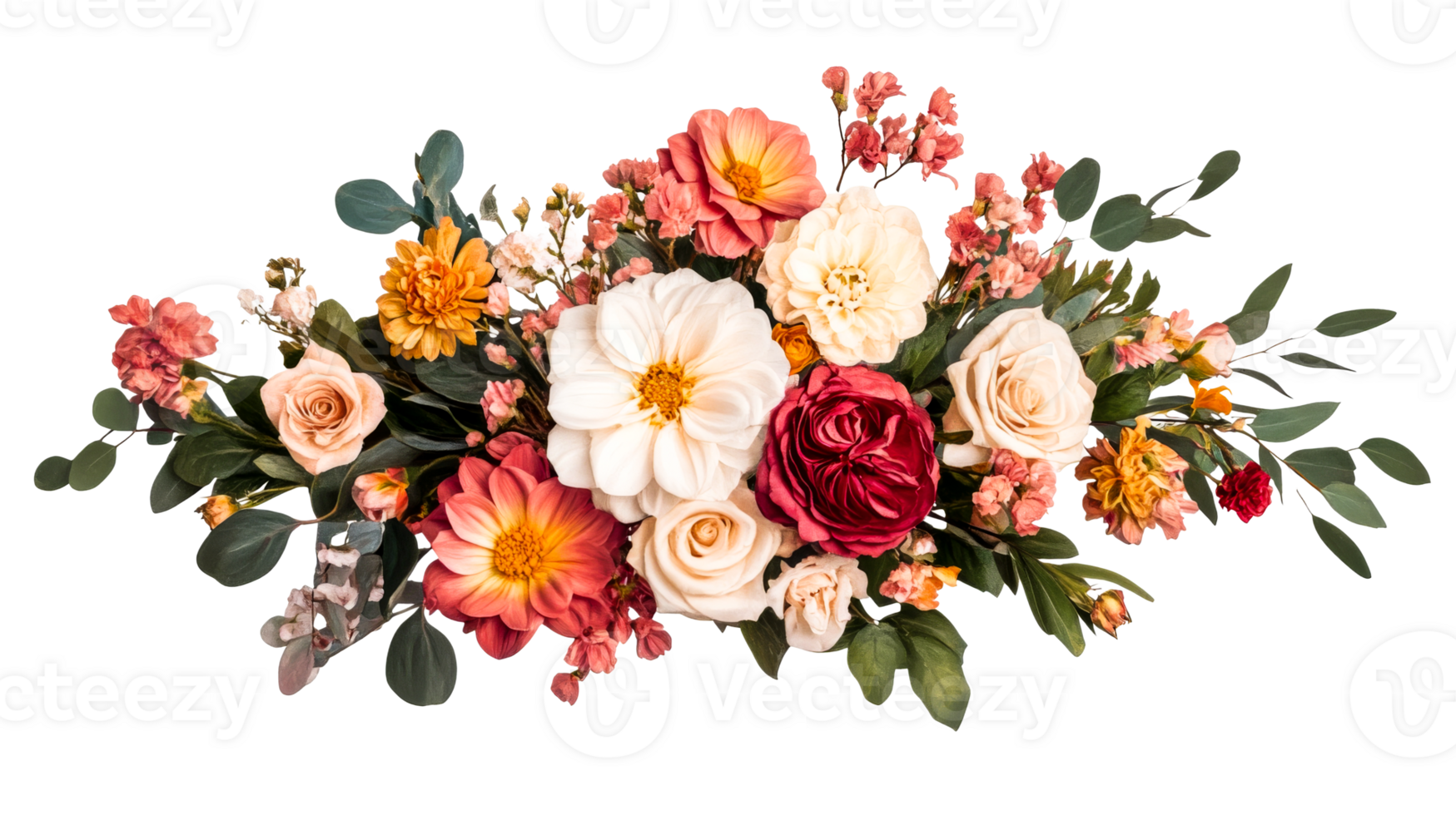 Elegant floral arrangement with roses and dahlias, cut out transparent png