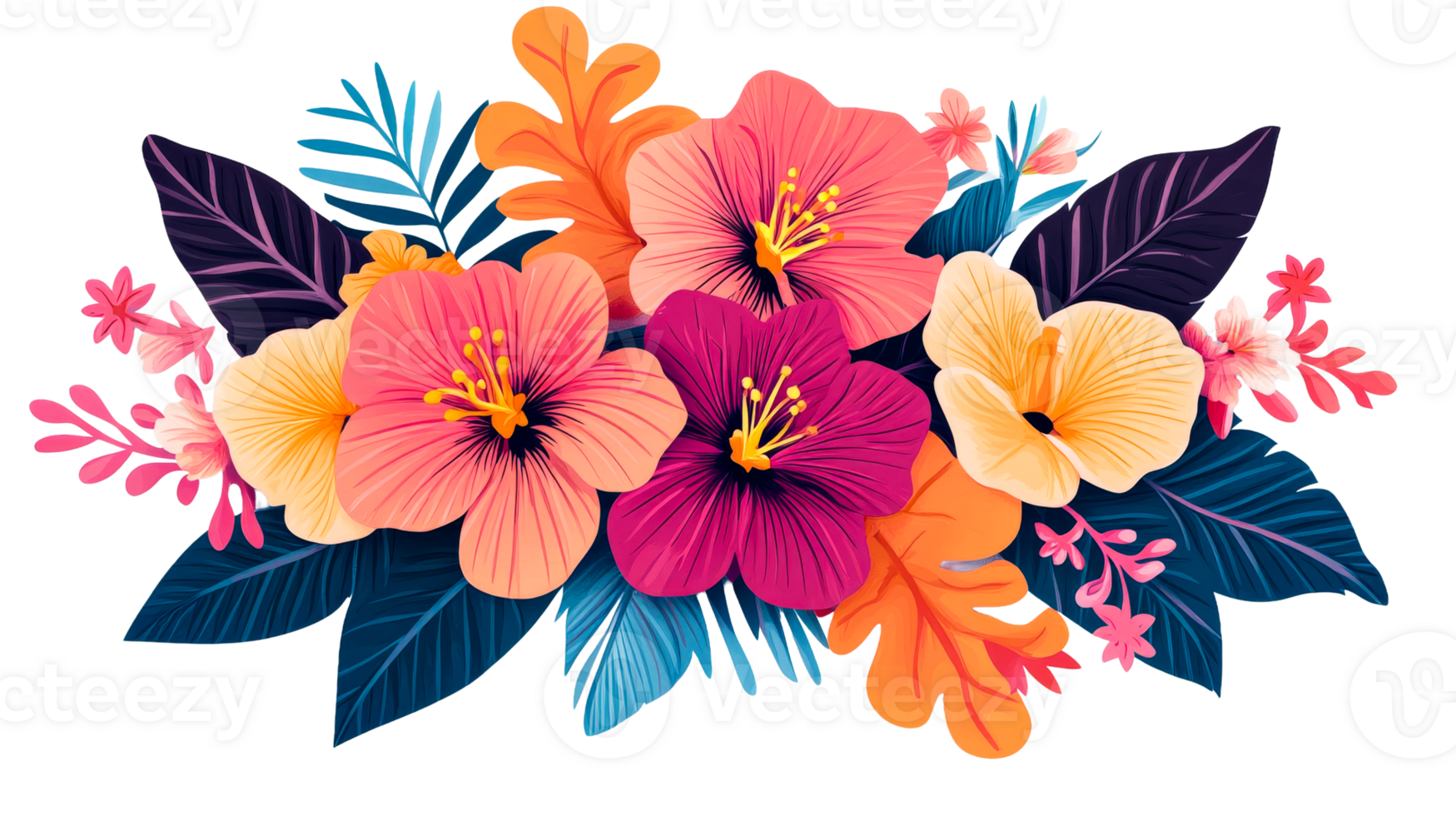 Exotic flower arrangement with bright colors, cut out transparent png
