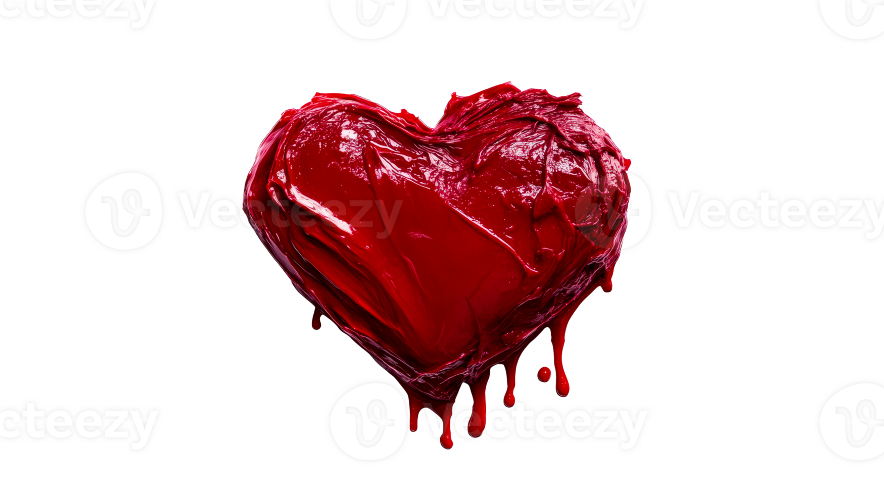 Dripping red paint in a heart shape on a black background, cut out transparent png