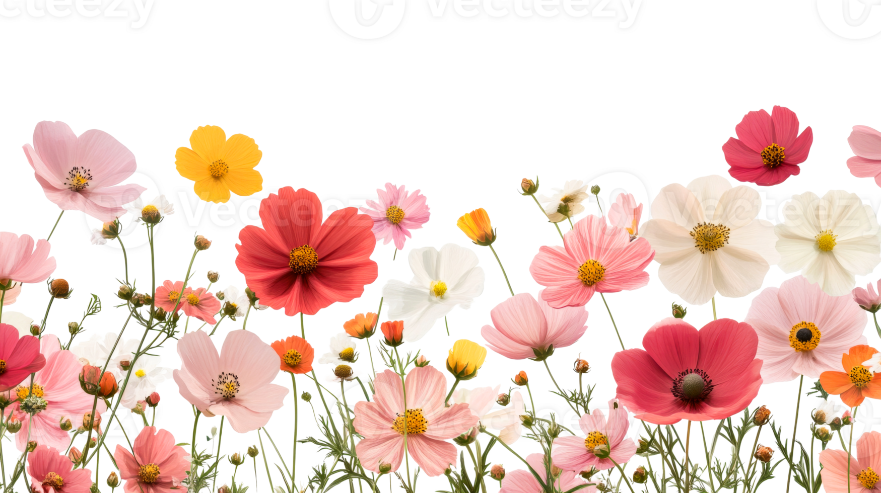 Multicolored cosmos flowers isolated over black, cut out transparent png