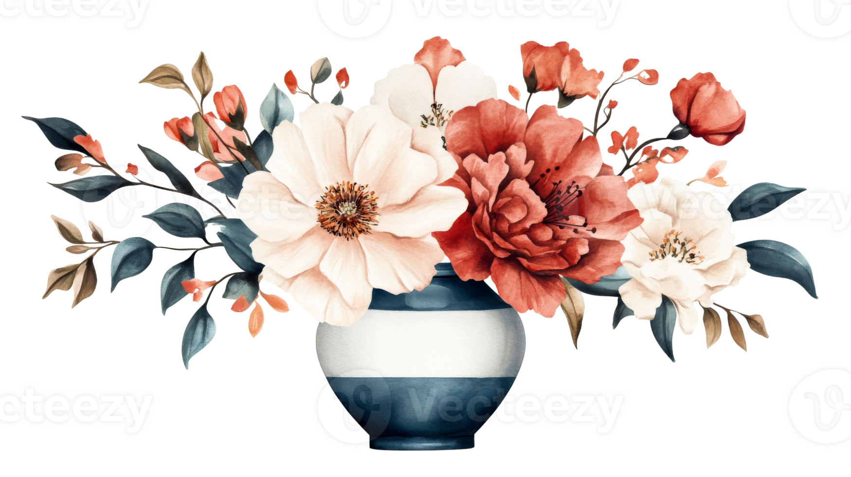 Floral bouquet with white and red flowers in vase, cut out transparent png