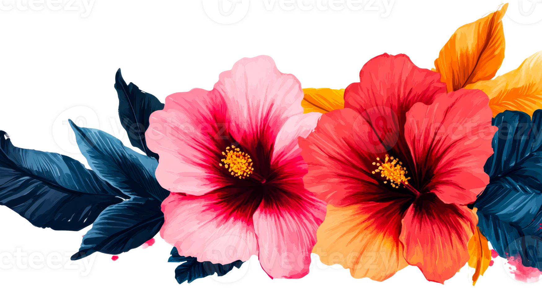 Two hibiscus flowers in shades of pink and red, cut out transparent png