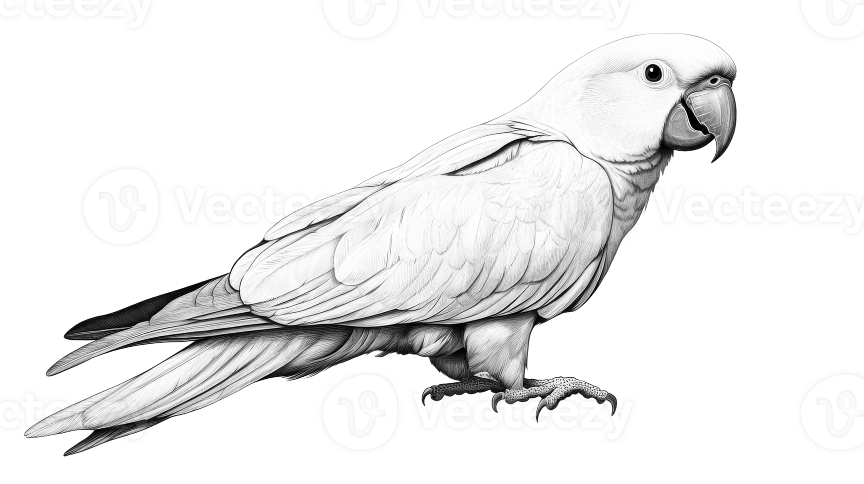 Elegant White Cockatoo Bird Illustration on Black Background, cut out transparent png