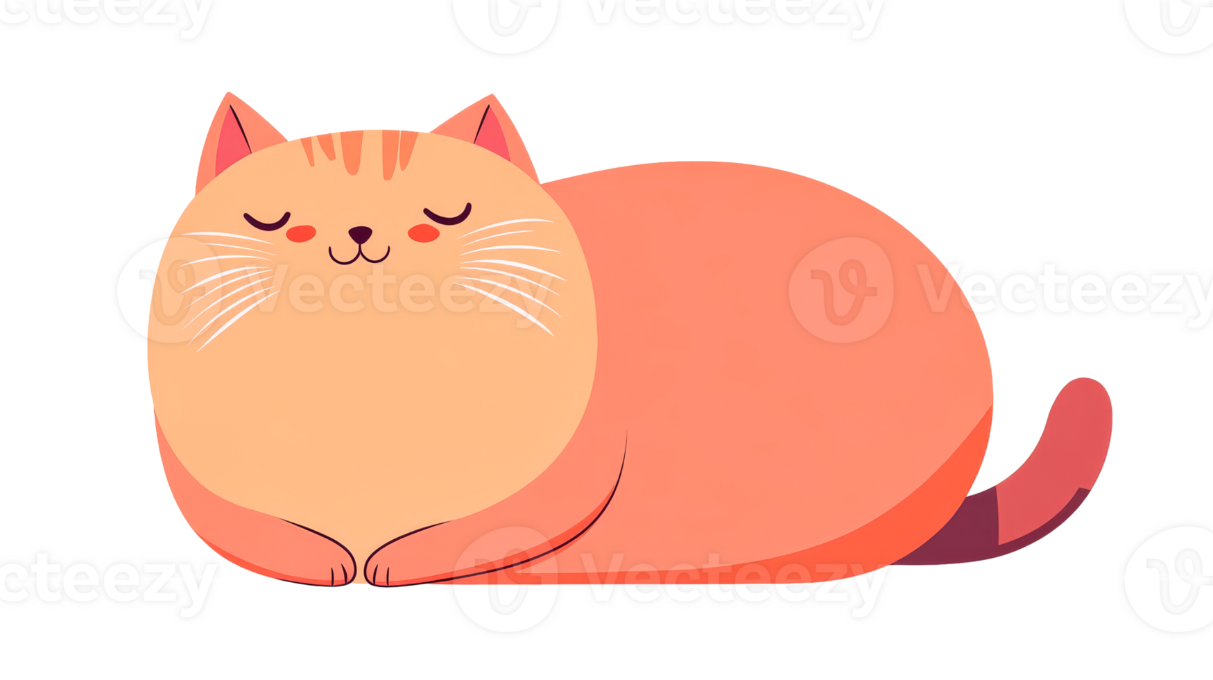 Cartoon of a cute orange cat curled up, sleepy, cut out transparent png