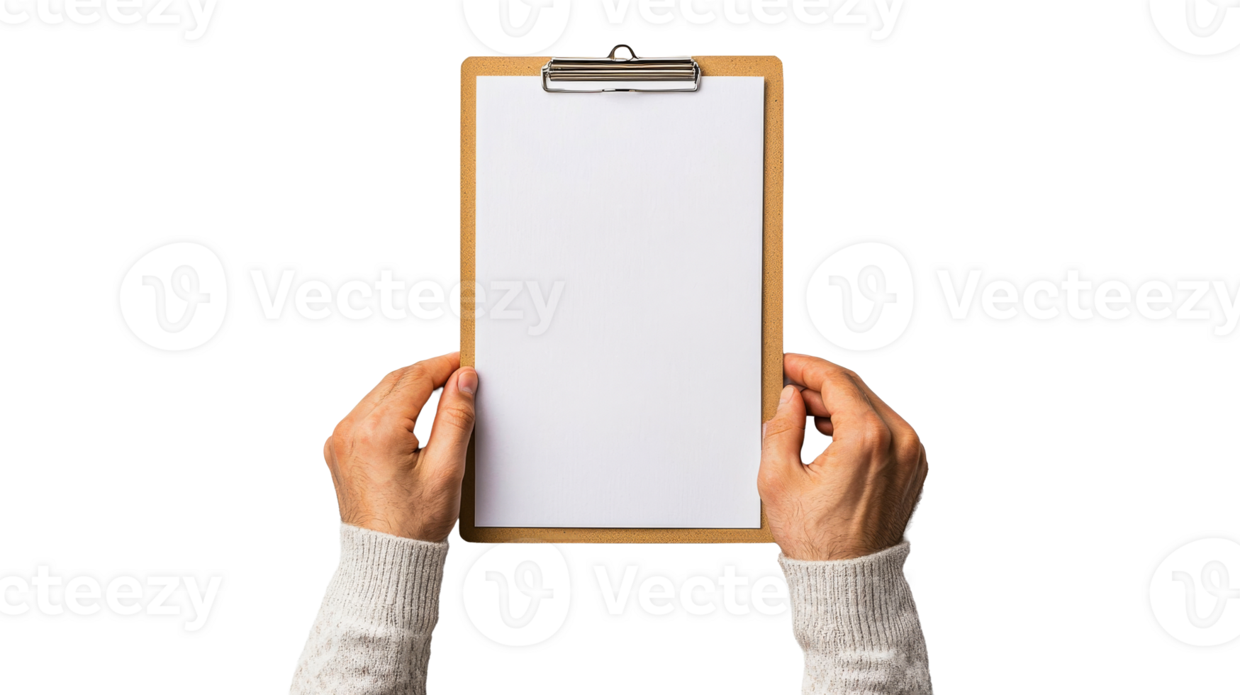 Holding clipboard with blank paper, hands in sleeves, cut out transparent png