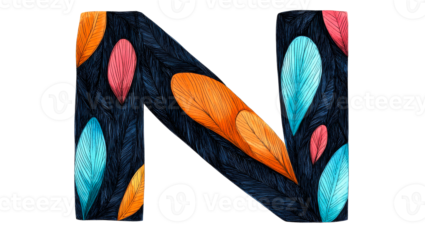Feathered Letter N Artistic Design on Dark Background, cut out transparent png