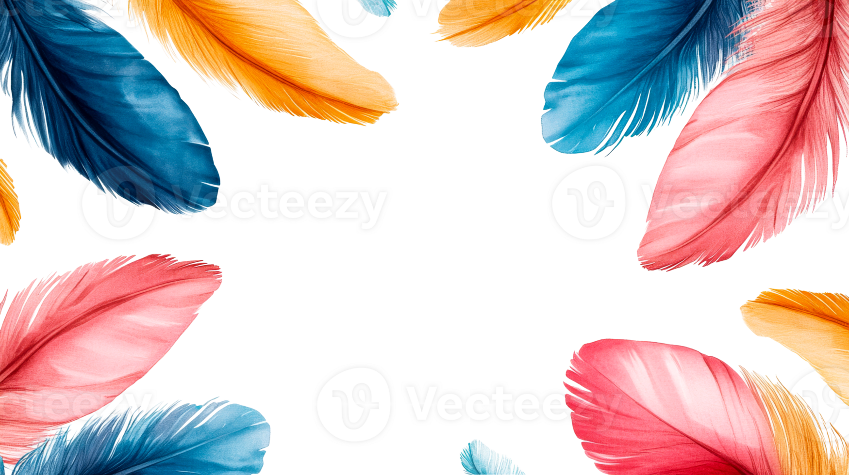 Colorful Feathers Arrangement Frame with Black Background, cut out transparent png