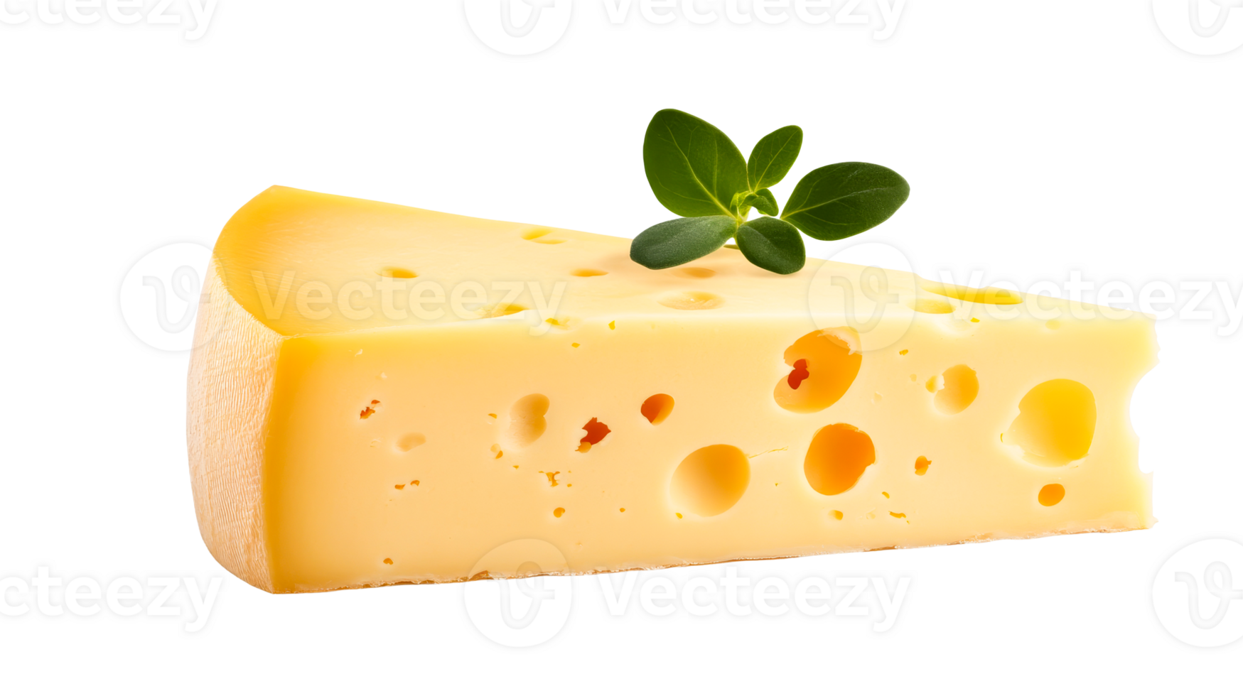 Triangle piece Swiss cheese, holes, basil branch, isolated, delicious, cut out transparent png