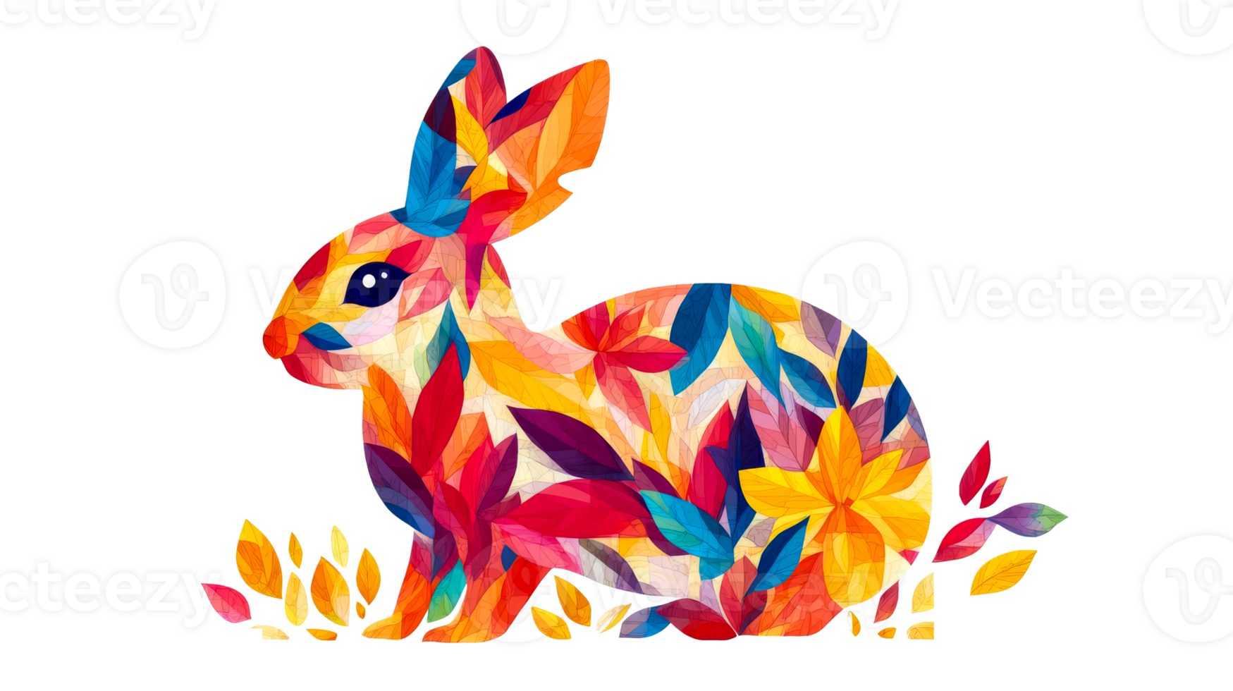 Vivid, floral bunny illustration on black background, cut out transparent png