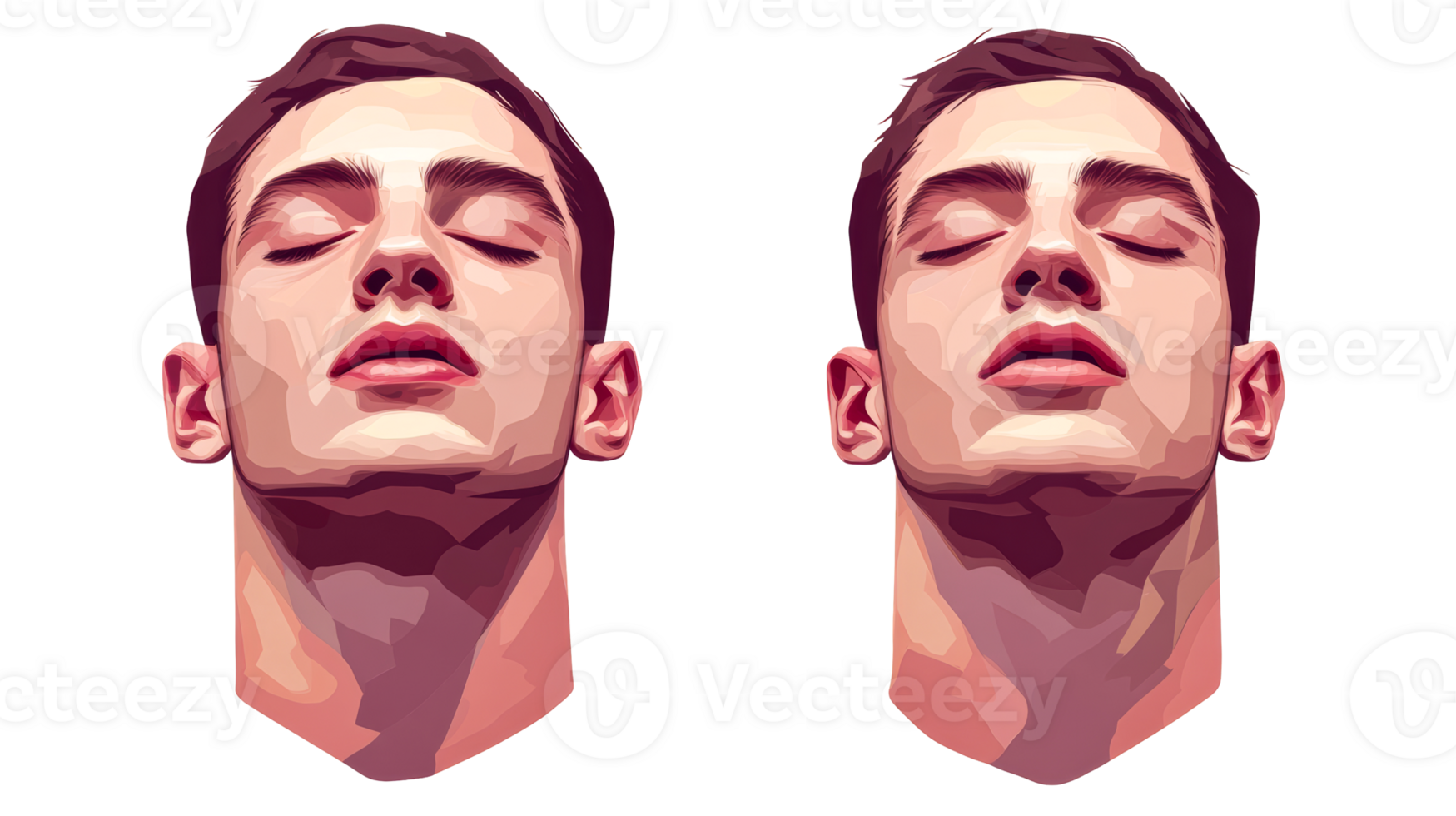 Tranquil men with closed eyes in graphic art style, cut out transparent png