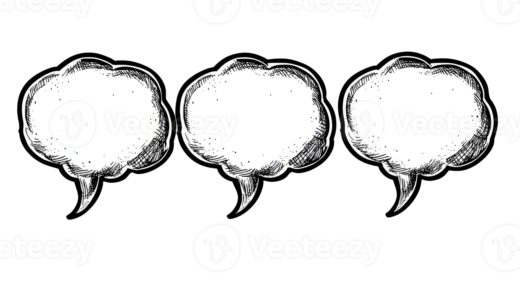 Three speech bubbles in comic style sketch ,cut out transparent png