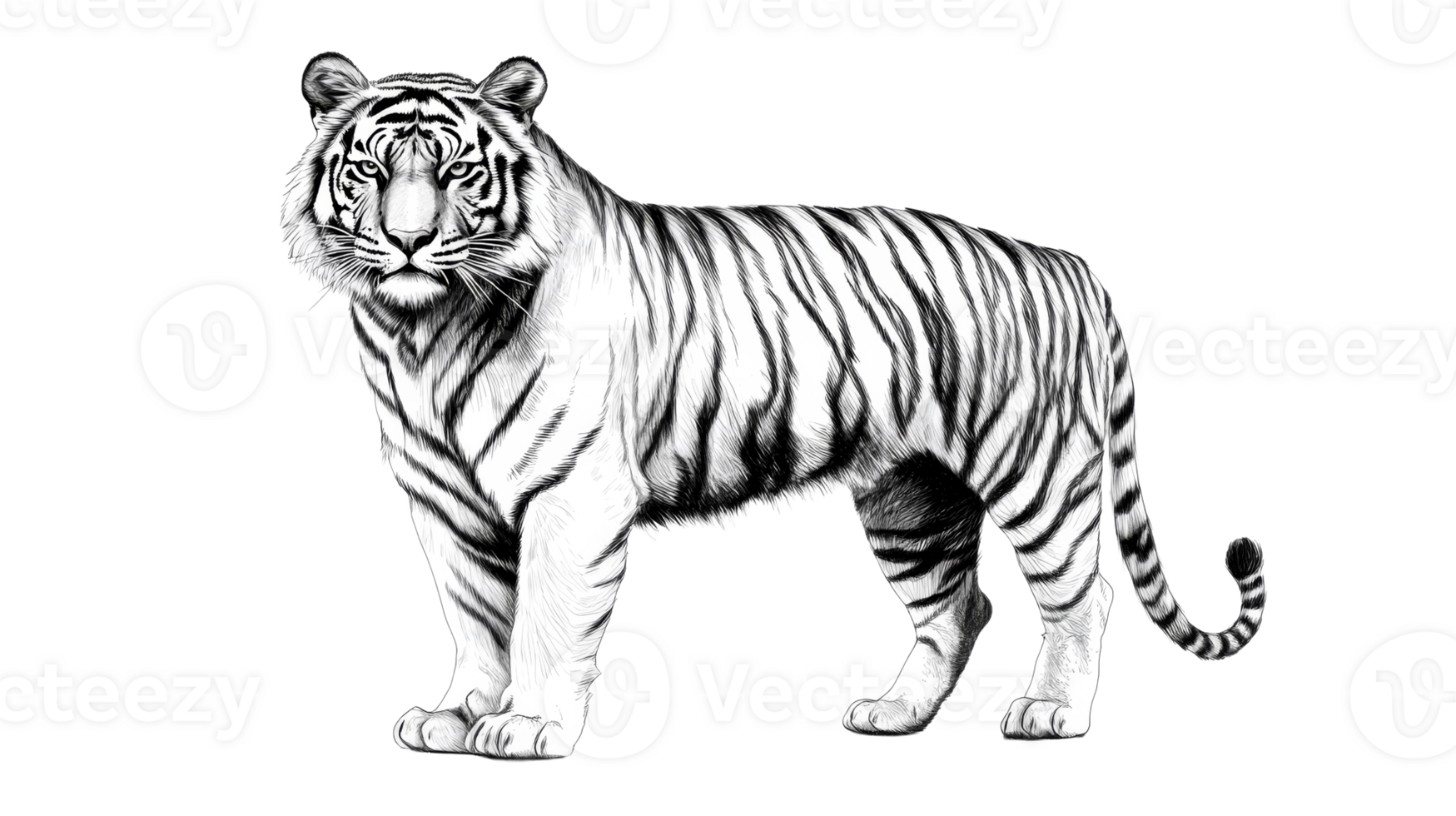 Tiger full length portrait, detailed illustration, wildcat stripes, cut out transparent png