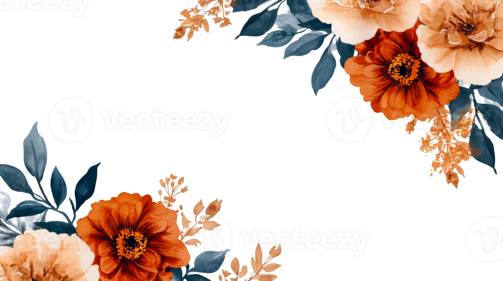Floral bouquet with orange flowers and blue leaves, cut out transparent png