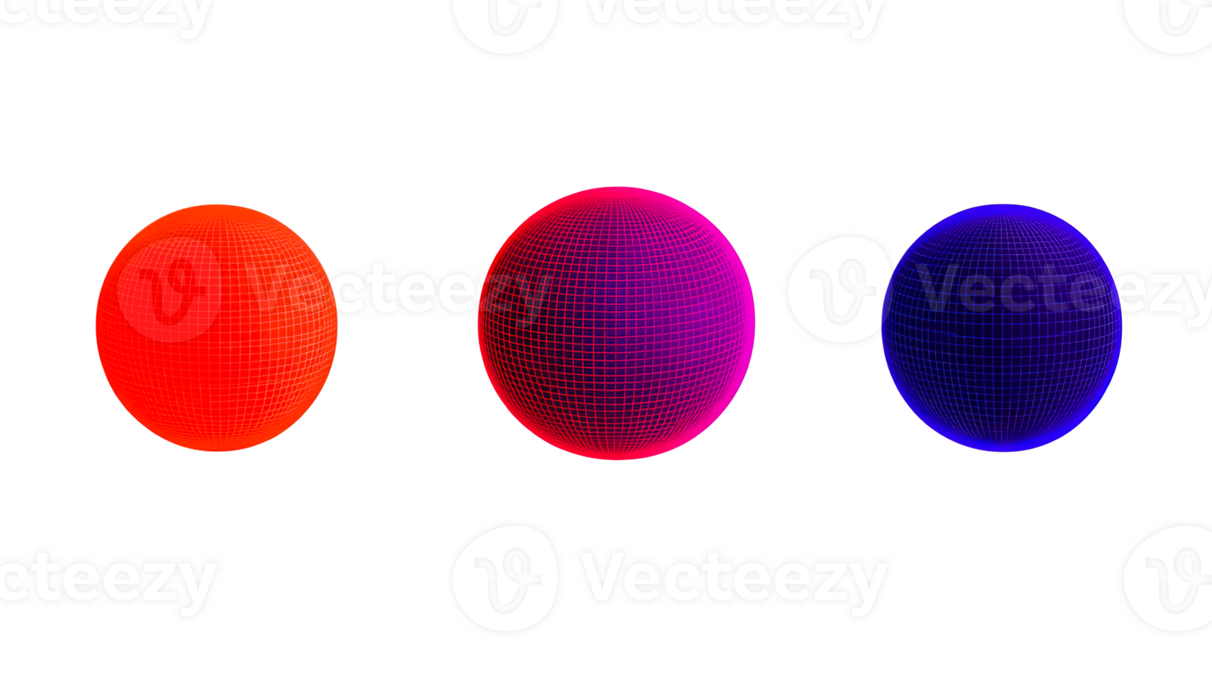 Three digital spheres with a grid structure, cut out transparent png