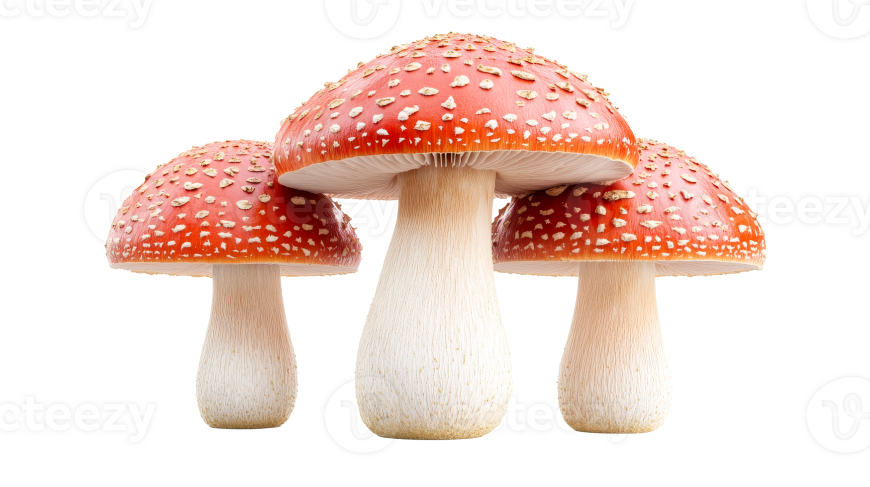 Three red toadstool fungi with white spots, cut out transparent png